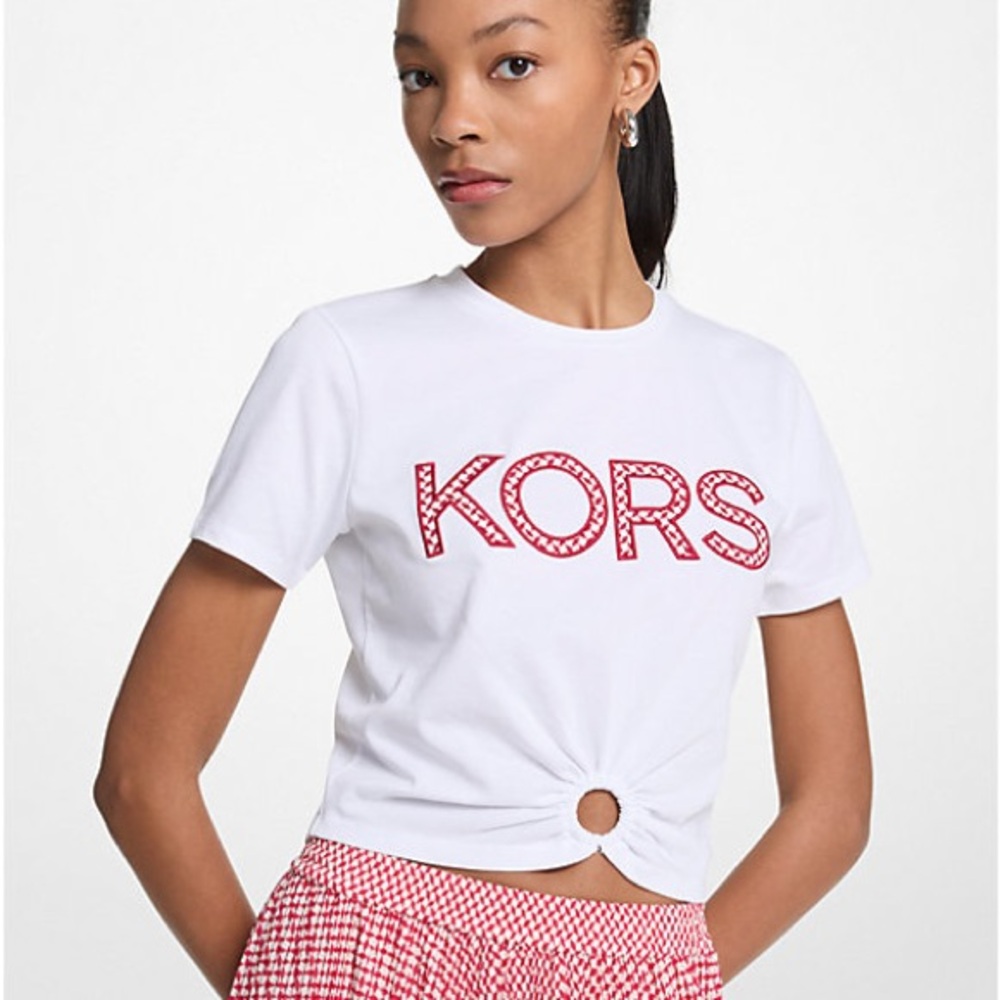 Michael Kors Tile Print Logo Ring Cropped T-Shirt NWT Small